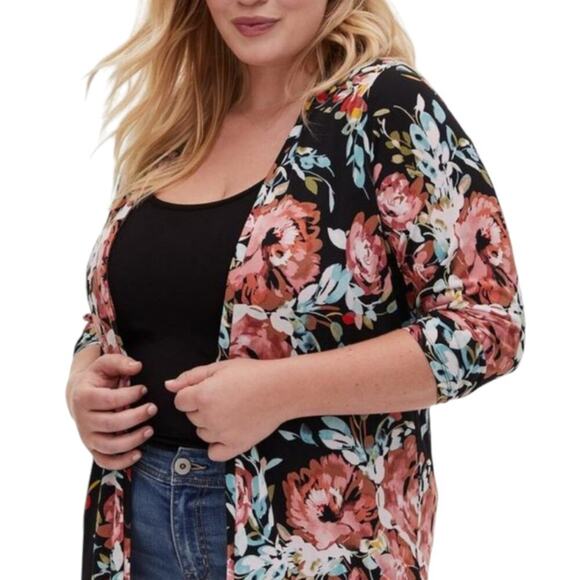 Torrid Floral Black and Pink  Cardigan Open Front Longline Sweater Size 2 - Picture 8 of 11